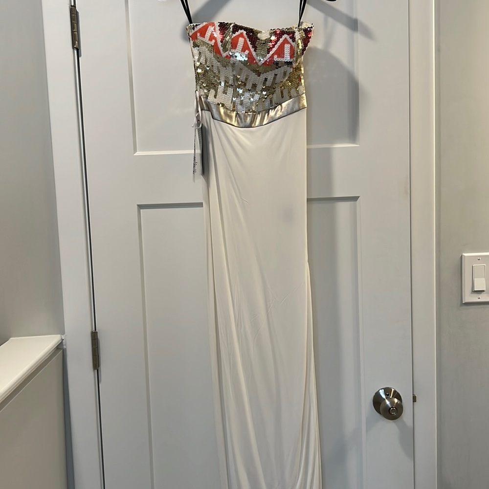 Bebe White Sequin Embellished Strapless Bustier Slit Maxi Dress 00